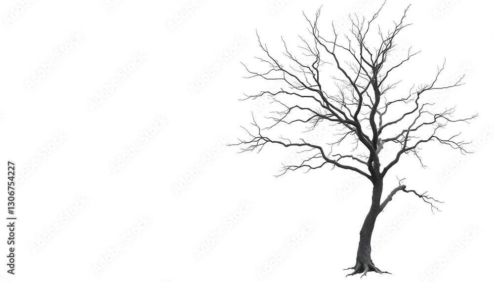 Fototapeta premium A solitary tree, stark branches against a pure white backdrop, royalty free, image