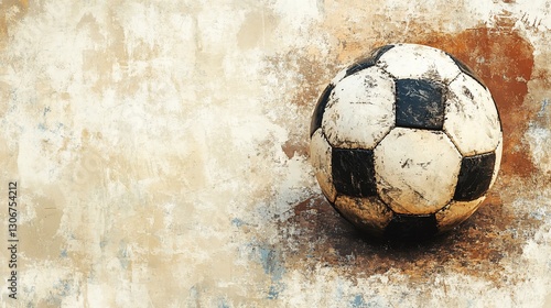 Worn soccer ball on grunge wall, urban background, sport