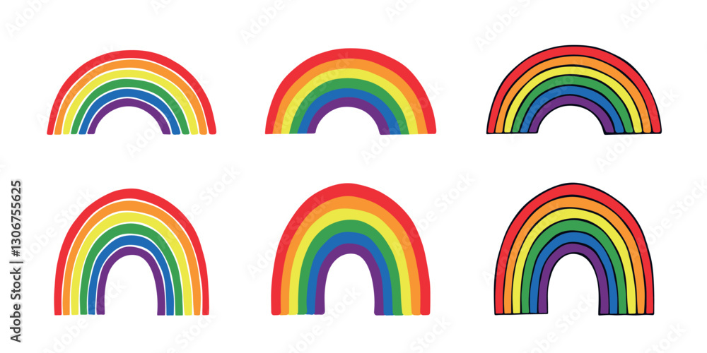 Obraz premium Set of colorful rainbow shape Gay pride flag Happy pride day LGBTQIA community Pride Month Vector hand drawn doodle for posters, stickers, logo, cards