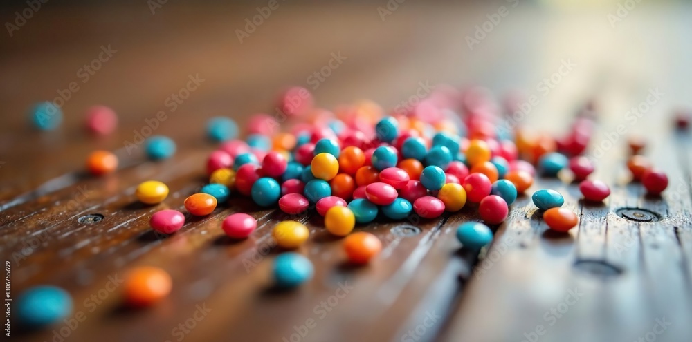 Obraz premium Plastic beads scattered on a wooden table top, surface, reflective, tiny