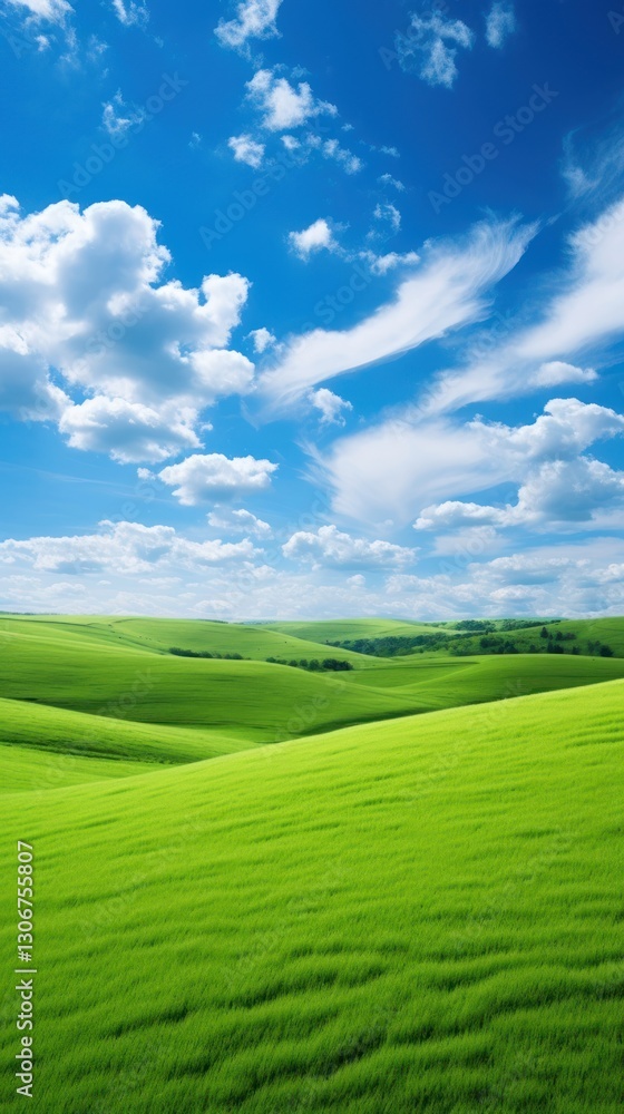 Fototapeta premium Green hills and blue sky with clouds landscape outdoors horizon.