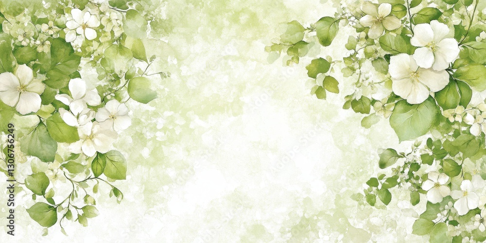 Fototapeta premium Delicate Floral Arrangement on Distressed Watercolor, White Flowers and Green Foliage Background