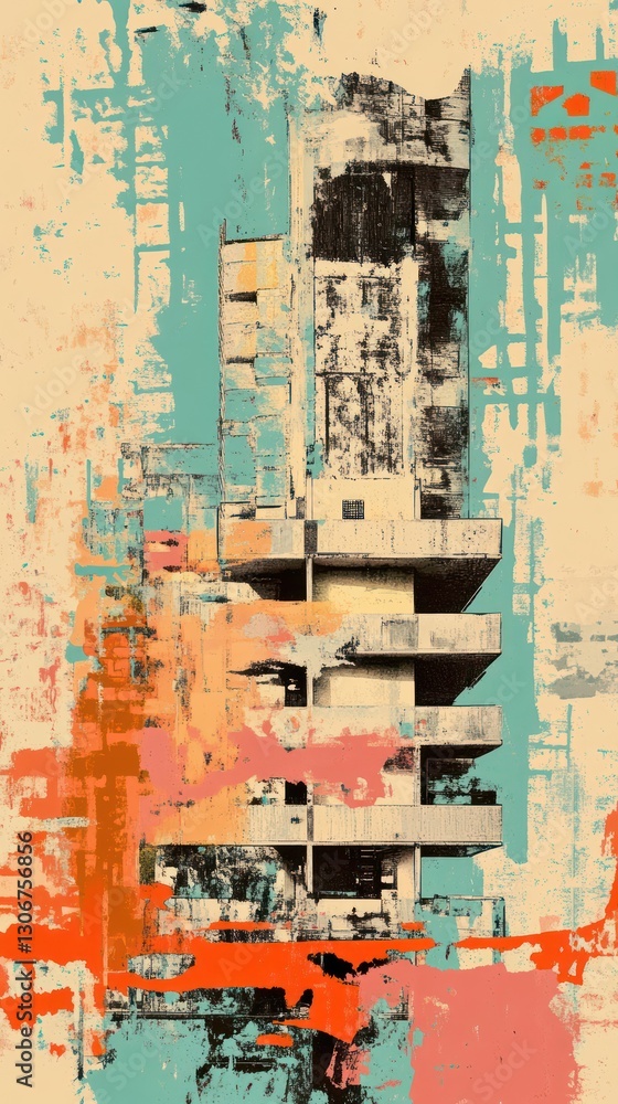Abstract painting depicting a concrete building with colorful layered accents Abstract painting depicting a concrete building with colorful layered accents