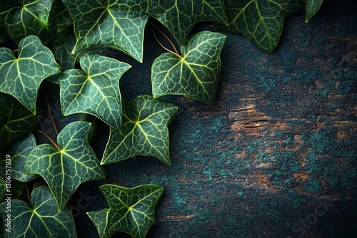 Lush green ivy leaves on a dark rustic wooden background. The vibrant green contrasts beautifully with the deep teal wood. Perfect for nature or botanical themed designs photo