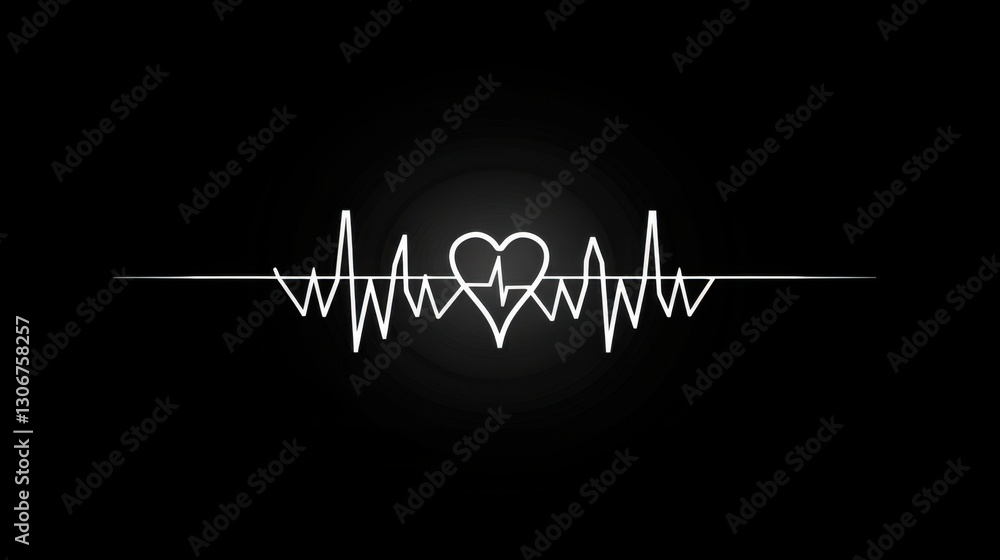 Fototapeta premium Heartbeat Line with Heart Icon on Black Background in Minimalistic Style