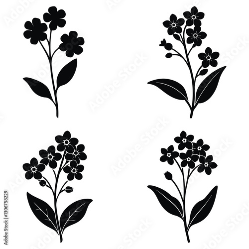 Set of silhouettes of forget me not flowers. Vector illustration