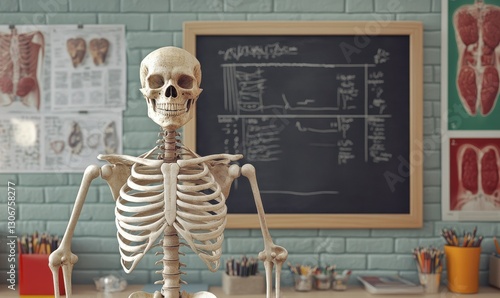 Obraz na płótnie Medical classroom with a detailed skeleton model standing beside a chalkboard, surrounded by bright anatomical posters. w salonie