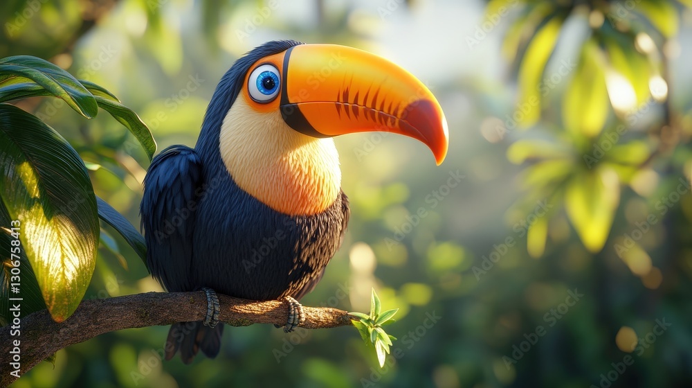 Obraz premium A vivid black and orange toucan perched elegantly, its striking beak curves upwards while it tilts its head leftward. Bright plumage catches light beautifully as it gazes rightward, embodying tropical