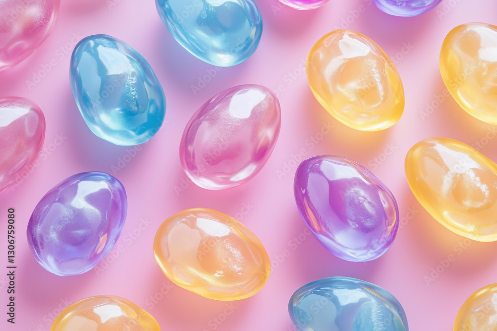 Fototapeta premium Vibrant close-up of colorful translucent gummy Easter eggs scattered across a pastel pink background.