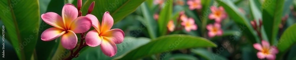 Fototapeta premium Plumeria flowers in a tropical garden with other plants, plumeria, botanical, fragrance