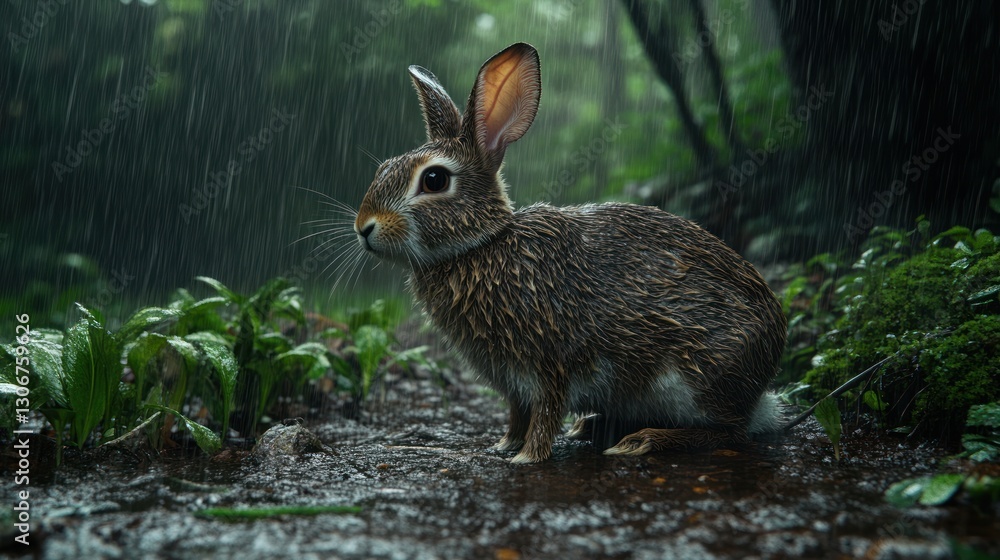 Fototapeta premium Wet rabbit in rain forest.