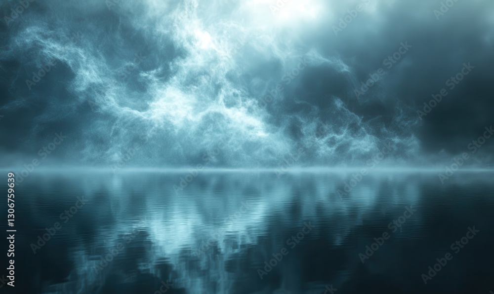 Ethereal fog with glowing light in a reflective environment.