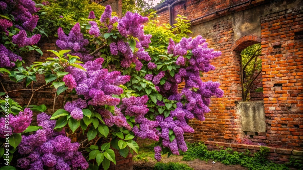 Fototapeta premium Spring's purple explosion: Syringa vulgaris captured in captivating urban exploration photography.