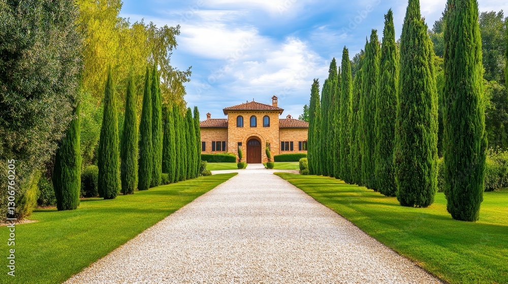 Scenic pathway leading to a beautiful villa surrounded by tall cypress trees and lush greenery Scenic pathway leading to a beautiful villa surrounded by tall cypress trees and lush greenery