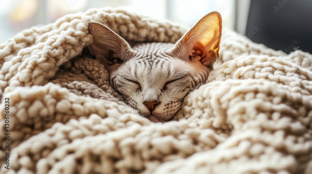 A serene cat peacefully sleeping wrapped in a cozy blanket by a sunlit window A serene cat peacefully sleeping wrapped in a cozy blanket by a sunlit window