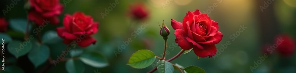 Single red rose on a branch with surrounding leaves, roses, blossoms Single red rose on a branch with surrounding leaves, roses, blossoms
