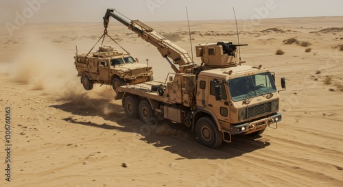 Military vehicle recovery operation in a sandy desert, showcasing a crane lifting an armored truck - winch truck