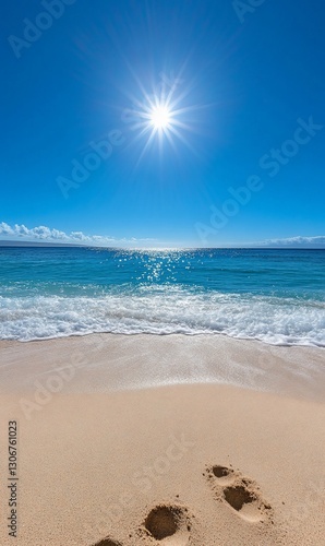 Sunny Beach Scene Footprints in Sand photo