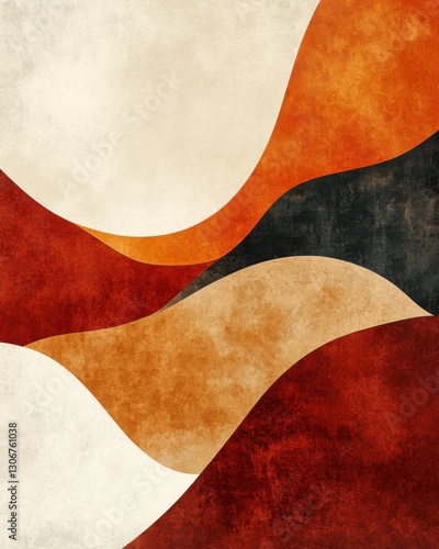 Abstract geometric landscape with wavy shapes in warm earthy tones, textured background  
