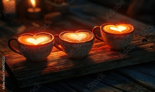 Romantic cappuccino cups with heart-shaped foam designs placed on a rustic wooden table, softly illuminated by warm light