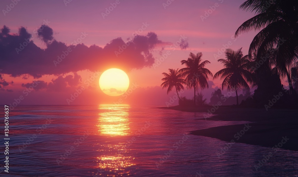 Romantic sunset beach scene with silhouettes of palm trees and the sun setting over calm waves, blending vivid orange and purple hues Romantic sunset beach scene with silhouettes of palm trees and the sun setting over calm waves, blending vivid orange and purple hues