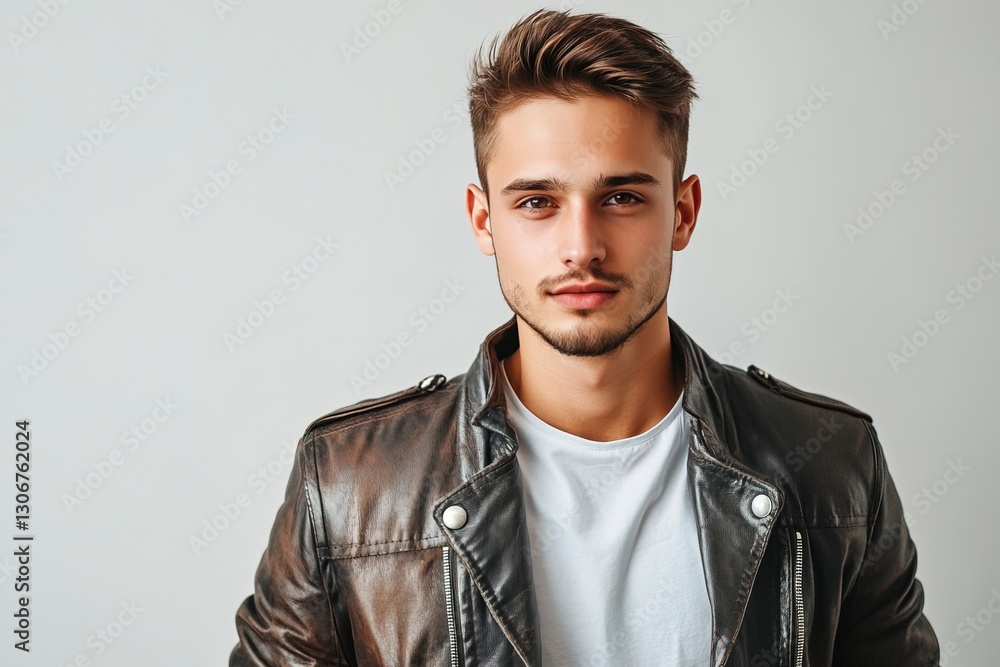 Obraz premium Portrait of a handsome young man in leather jacket looking at camera isolated over white background.