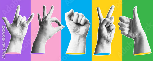 Trendy halftone collage hands with various gestures. Hand signs, peace, rock star, fist, like, ok. Modern retro style. Vector illustration.