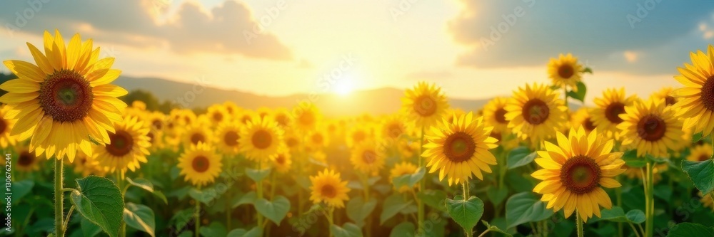Obraz premium Sun-drenched sunflower field, dazzling summer day Tall stems sway gently , countryside, summer day, scenic
