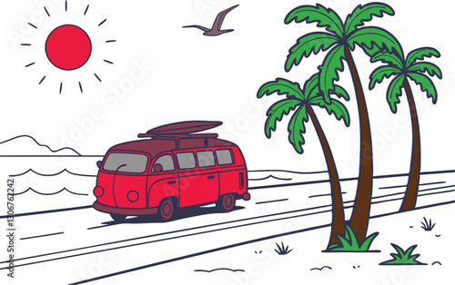 a summer road trip. A retro van with surfboards on top cruises along a coastal highway 