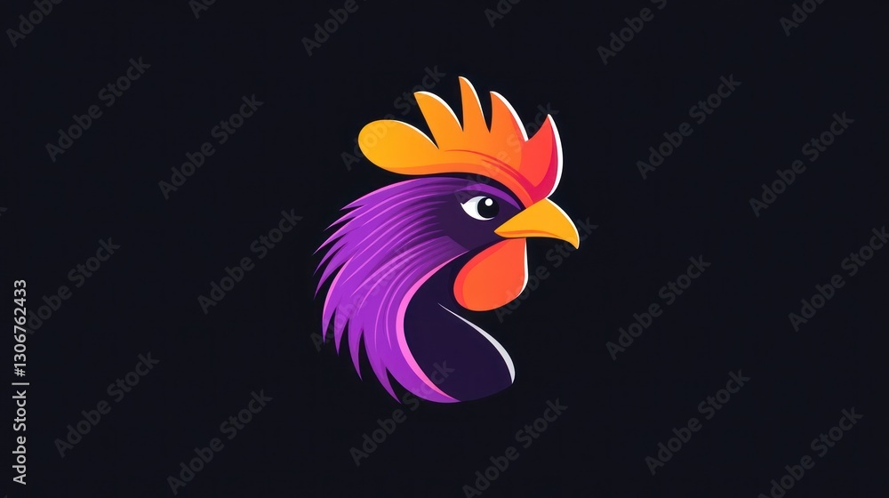 Obraz premium Colorful rooster head profile, dark background, logo design