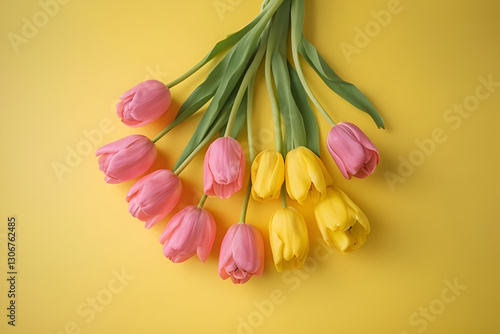 Tulips flowers On Yellow Background in spring  photo