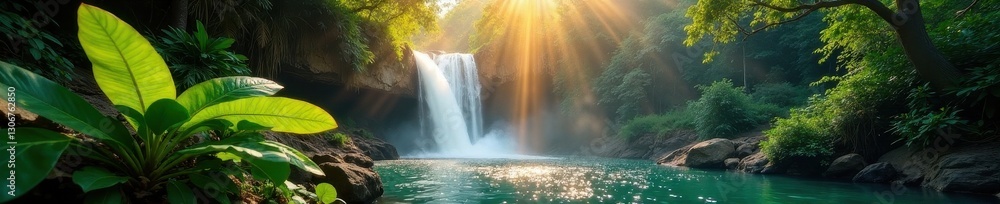 Obraz premium Sunlit waterfall spills through dense Thai foliage, powerful, light, green