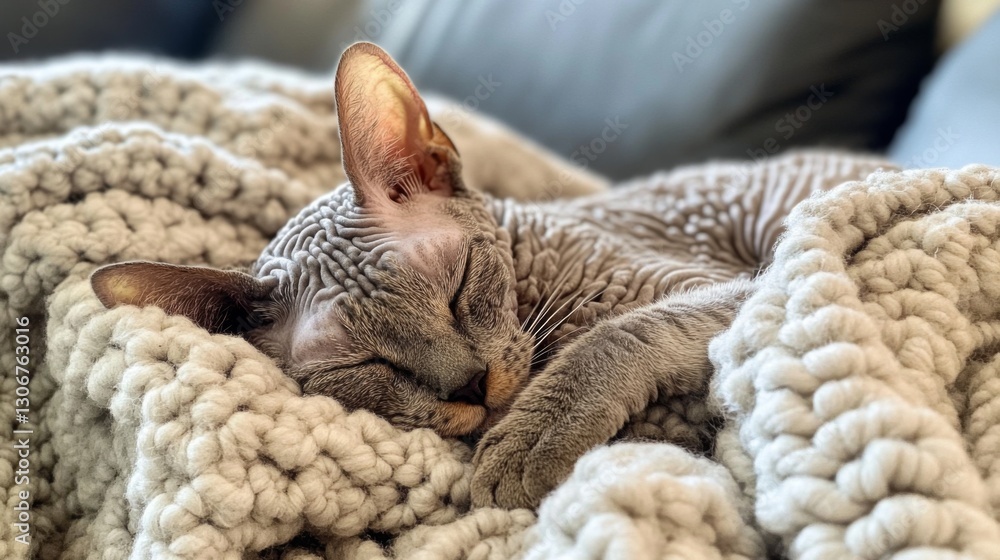 A sleeping cat nestled in a cozy blanket on a comfortable couch in a serene living room A sleeping cat nestled in a cozy blanket on a comfortable couch in a serene living room