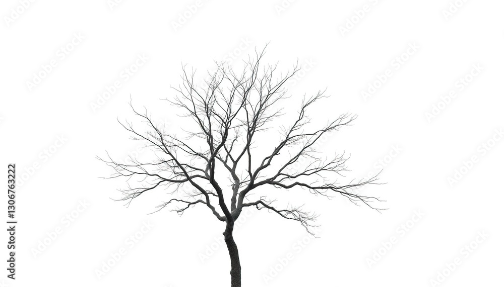 Obraz premium Lone deciduous tree, stark branches against pure white, summer, tranquil