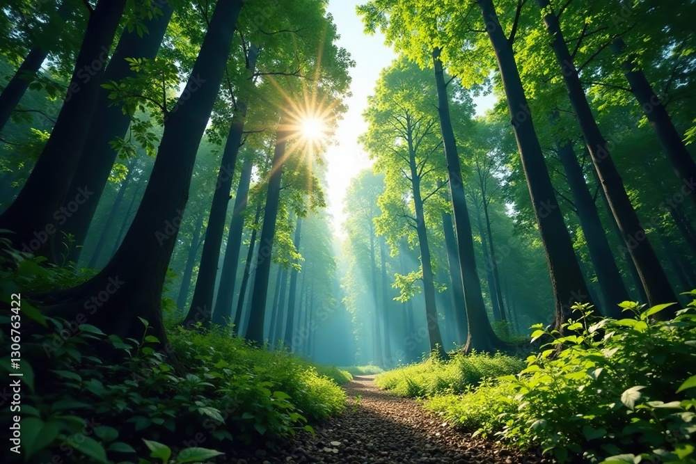 Obraz premium Forest foliage breaks apart as light pierces through dense canopy, forest, sky, blue