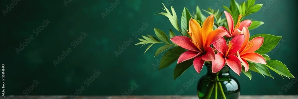 Fototapeta premium Tropical flowers in a vase with leaves and branches, greenery, leaf, plant