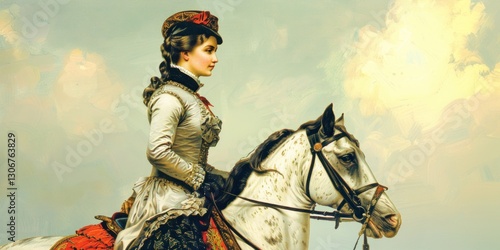 Woman on horse illustration historical background.