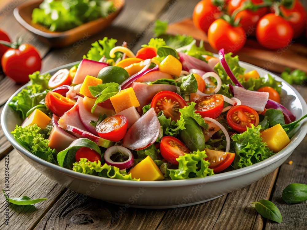Toss mixed greens with savory ham and a light, homemade vinaigrette for a quick, healthy meal. Toss mixed greens with savory ham and a light, homemade vinaigrette for a quick, healthy meal.
