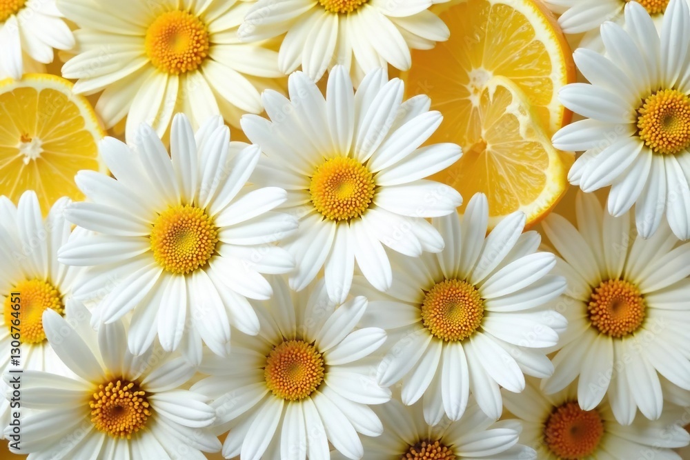 Fototapeta premium Pile of white and yellow daisies with citrus wedges, arrangement,