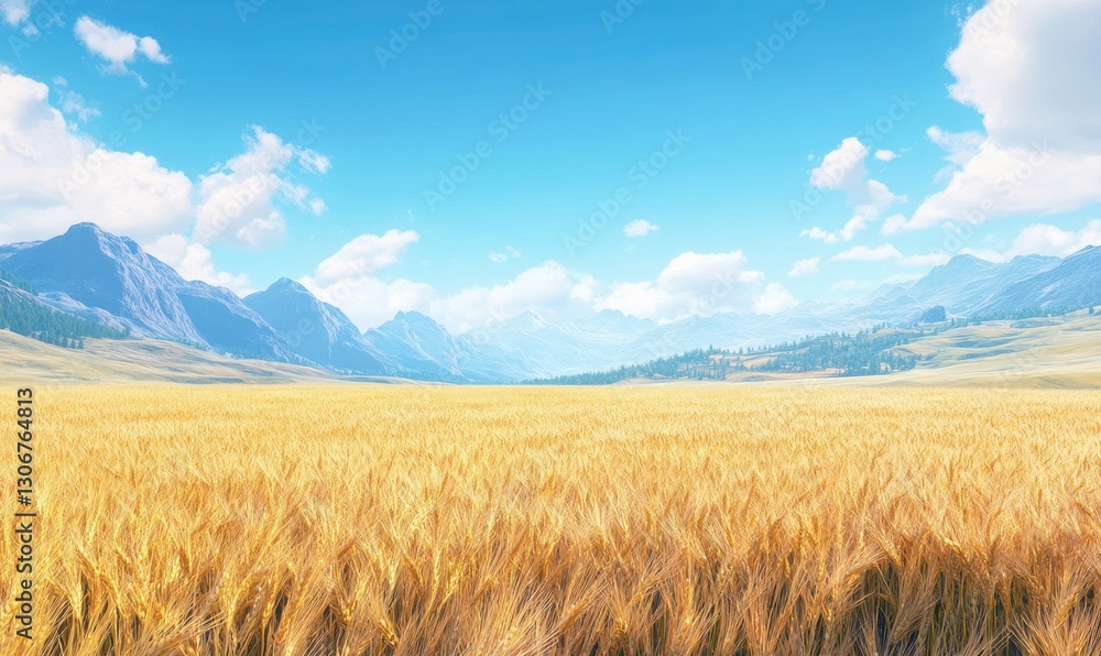 Golden ripe wheat field under a bright blue sky, soft breezes creating a serene and pastoral summer scene Golden ripe wheat field under a bright blue sky, soft breezes creating a serene and pastoral summer scene