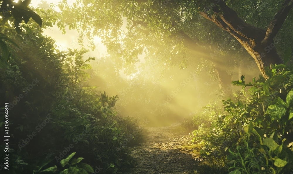 Golden sunlight streaming through a dense forest path, soft mist lingering in the air creating a dreamy and serene woodland atmosphere Golden sunlight streaming through a dense forest path, soft mist lingering in the air creating a dreamy and serene woodland atmosphere