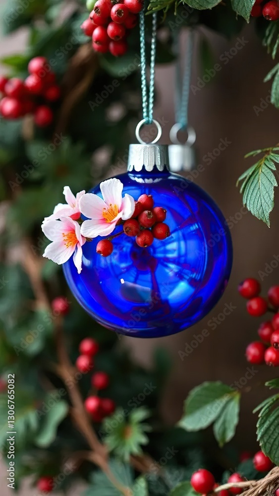 Blue glass ornaments with flowers and berries hanging from a wooden wreath, berries, ornament Blue glass ornaments with flowers and berries hanging from a wooden wreath, berries, ornament