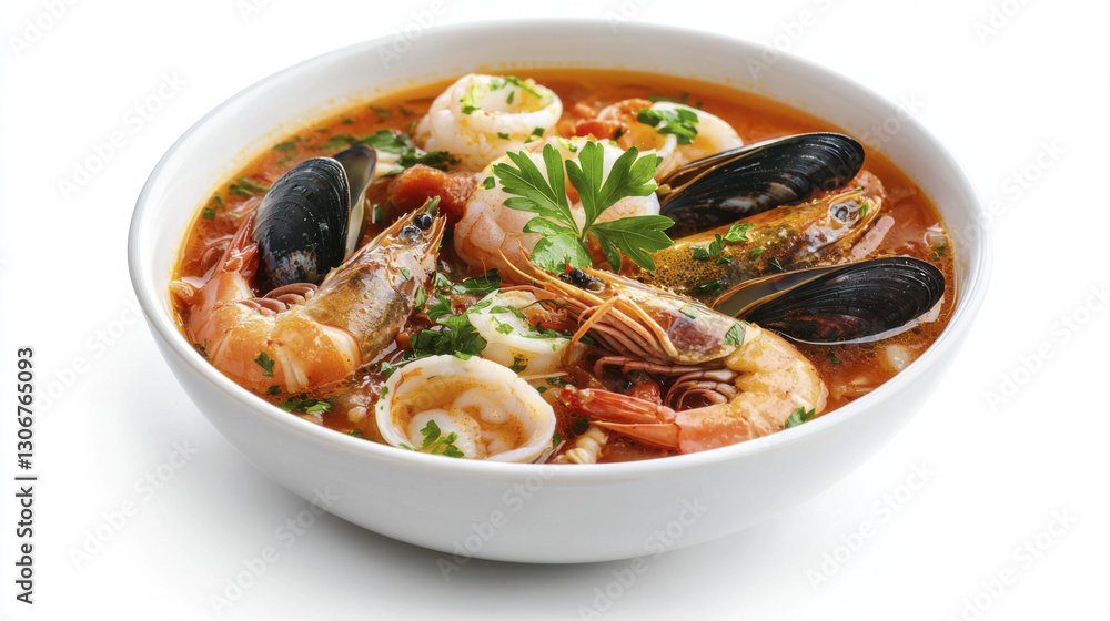 Delicious seafood soup with shrimp, mussels, and squid garnished with herbs Delicious seafood soup with shrimp, mussels, and squid garnished with herbs