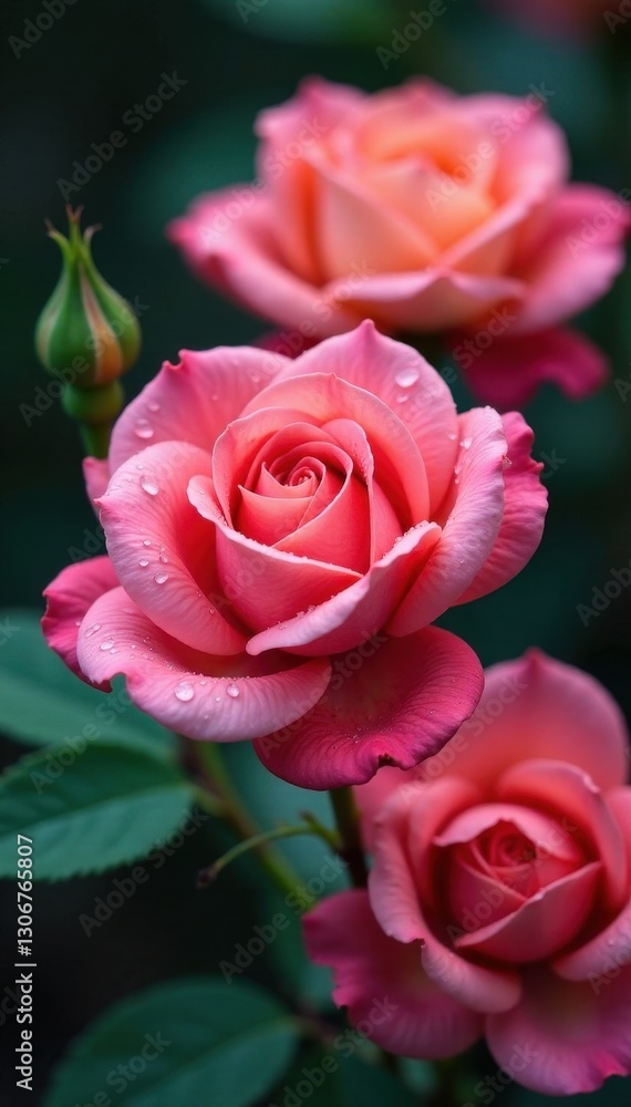 Vibrant close-up of blooming roses, dew drops glistening , macro, vibrant Vibrant close-up of blooming roses, dew drops glistening , macro, vibrant