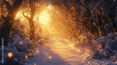 Snow-covered forest path with golden sunlight streaming through trees, winter wonderland, ultra-detailed, 4k