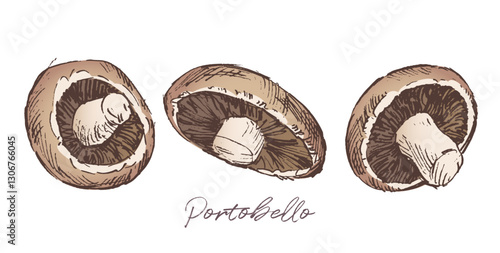 Portobello mushrooms sketch drawing, hand drawn vector illustration