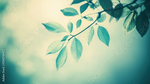 Soft light illuminates delicate green leaves on a branch.