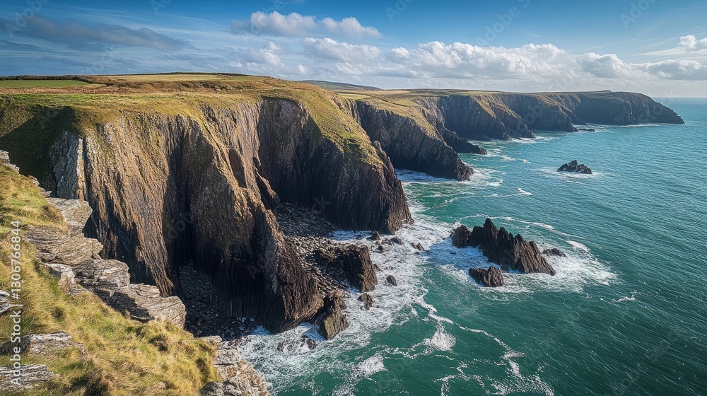 Fototapeta premium rugged coastline with crashing waves, showcasing the contrasting hues of the azure sea and rocky terrain under the bright midday sun