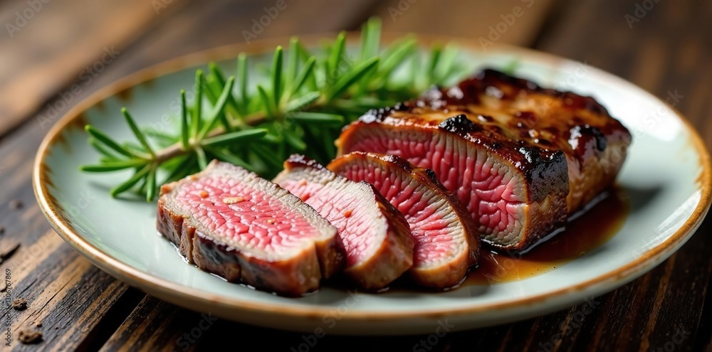 Plate with sliced grilled beef and rosemary sprig, plate, leafy, fragrant Plate with sliced grilled beef and rosemary sprig, plate, leafy, fragrant