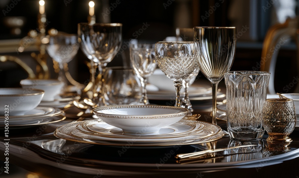 Luxurious dining table setting with elegant glassware, fine china, and warm golden lighting creating a sophisticated ambiance . Luxurious dining table setting with elegant glassware, fine china, and warm golden lighting creating a sophisticated ambiance .